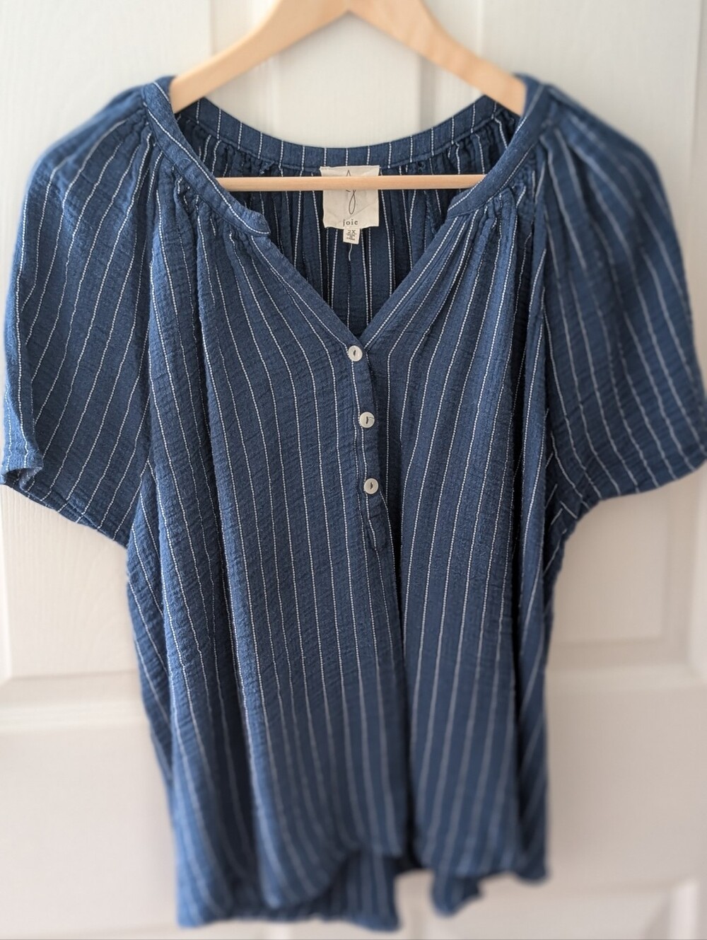 Joie Navy Striped Short Sleeve V-Neck 1/4 Button Top